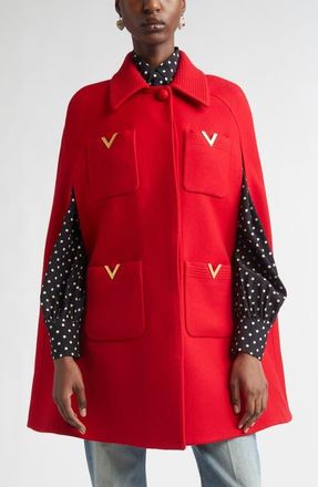 Valentino V-Detail Wool & Silk Double Drill Cape in Deep Red at Nordstrom, Size 10 Us