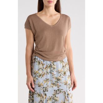 Max Studio Side Ruched Short Sleeve V-Neck Sweater in Taupe at Nordstrom Rack, Size X-Large