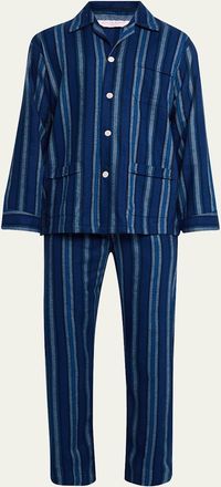 Derek Rose Mens Kleburn Stripe Flannel Long Pajama Set