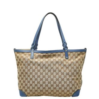 Gucci Beige Blue Canvas Leather Tote Bag (Pre-Owned)