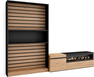 Skraut Home Skraut Home - Muebles De Sal&oacute;n Para Tv, Conjunto De Muebles Comedor, 260x186x35cm, Para Tv Hasta 65, Chimenea El&eacute;ctrica, Estilo Moderno, Roble Y Negro