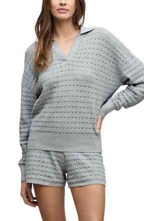 Barefoot Dreams Heathered Cotton Tulip Pointelle Collared Pullover in Frost at Nordstrom, Size X-Large