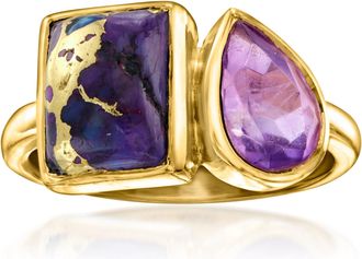 Ross-Simons Purple Turquoise and Amethyst Toi Et Moi Ring in 18kt Gold Over Sterling
