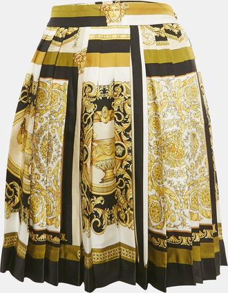 Versace Yellow/black Barocco Print Silk Pleated Mini Skirt