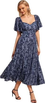 Ever-pretty Women Dress Elegant Velvet Jacquard Craft Midi Wedding Guest Dress for Brides Mother Dusty Navy 20UK