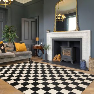 Kukoon Black & White Checkerboard Chequered Wool Living Room Area Rug | Size: 200 cm x 290 cm