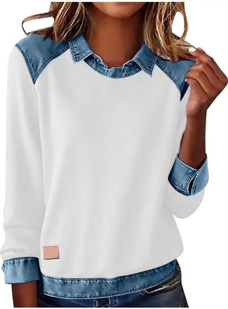 Generic HAOLEI Womens Long Sleeve Shirts with Denim Collar Lapel Patchwork Casual Loose Sweatshirt Elegant Work Pullover Tops Color Block Shirts Jumpers Sprin