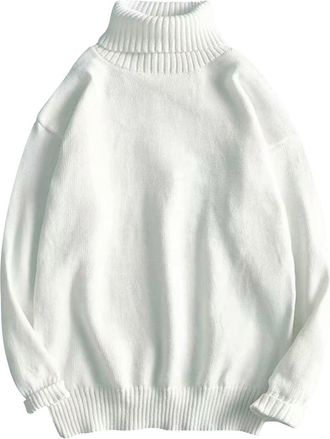 Generic Mens Jumpers Roll Neck Baggy Jumper for Men Long Sleeve Knit Sweaters Solid Colour Warm Thermal Knitwear Loose Fit Turtle Neck Pullover Fashion Autumn