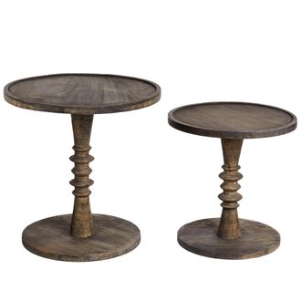 Beliani Beliani - Conjunto De 2 Mesas Auxiliares Tradicionales Redondas Sala De Estar Mango Oscuro Thalia