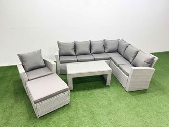 Fimous 8 Seater Garden Outdoor Rattan Furniture Set Coffee Table with Stools in Light Grey