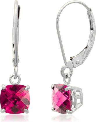 MAX + STONE Solid 10K White Gold Cushion Cut Dangle Gemstone Leverback Earrings