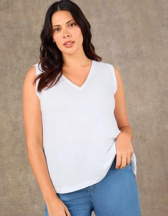 Live Unlimited London Womens White Cotton Slub V Neck Vest With Curved Hem - Size: 16/16