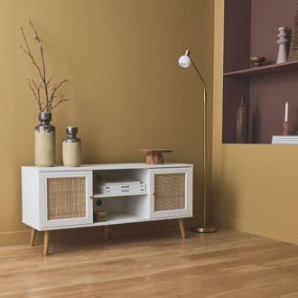 Sweeek 120cm Tv Unit Wooden & Cane Effect 2 Doors in White