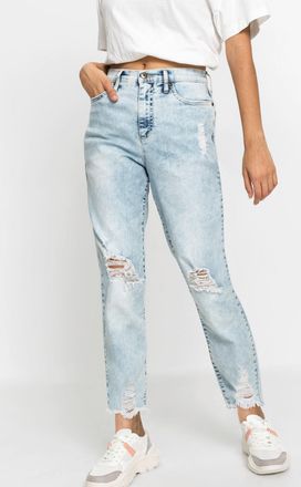 Bonprix Mom-Jeans BONPRIX, Damen, Gr. 36, N-Gr, blau used, Denim/Jeans, Obermaterial: 82% Baumwolle, 17% Polyester, 1% Elasthan, regular fit, Jeans Mom-Jeans,