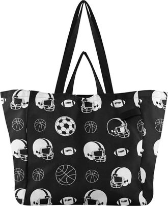 Generic Football Black pattern Reusable Canvas Tote Bag, Heavy Duty Grocery Shopping Bag with Large Capacity Double Handles Hard Bottom Work Groceries Travel