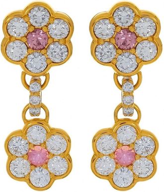 Buddha Mama 20kt yellow gold Flower diamond earrings - women - Diamond/Pink Sapphire/20K Yellow Gold - One Size