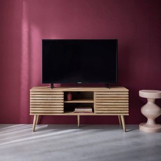 Sweeek 120 Cm Scandinavian Tv Unit Grooved Wooden Effect 2 Doors in Light Brown