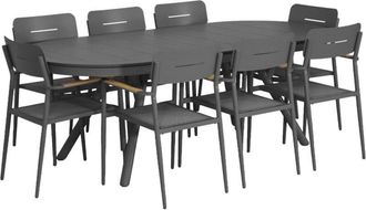 Sweeek Oval extendable garden table 220/280cm aluminium + 8 armchairs anthracite - Metora + Fira