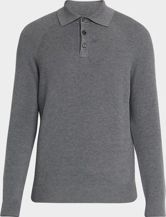 Brunello Cucinelli Mens Cotton English Rib Knit Polo Sweater