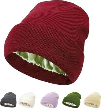 Generic Satin Lined Beanie for Women & Men, Frizz Control, Slouchy Winter Hat with Ear Coverage (Red)
