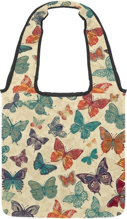 Generic Vintage Butterflies Pattern Reversible Canvas Shoulder Tote - Double-Sided Print, 12oz Cotton, 27cm Drop, Fold-Flat Bag for Travel, Shopping, Street O
