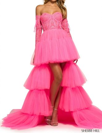 Sherri Hill Layered Skirt High Low Dress In Bright Fuchsia