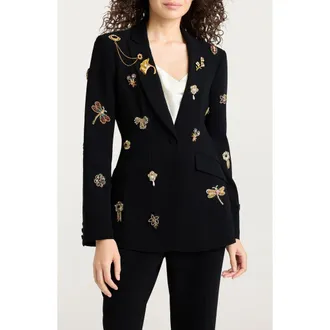 Cinq &agrave; Sept Beaded Brooches Crepe Jacket in Black at Nordstrom, Size 12