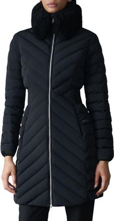 Mackage Water Repellent Chevron Quilted Down Coat with Removable Genuine Shearling Collar in Black at Nordstrom, Size Xx-Small