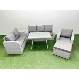 Fimous Rattan High Back Lounge Sofa Set Patio Dining Table & Chairs Set with 3 Seater Sofa Reclining Chair Side Table Big Stool Light Grey - Fimous