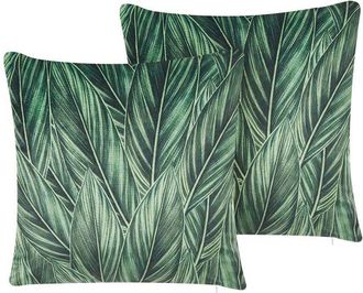 Beliani Conjunto De 2 Cojines De Terciopelo Verde Patr&oacute;n Floral Motivo De Hojas 45 X 45 Cm Funda Extra&iacute;ble Cremallera Boho Moderno Diascia