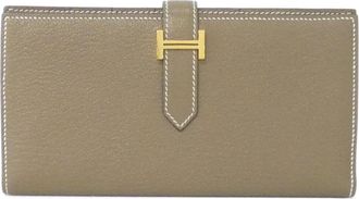 Herm&egrave;s Bearn Etoupe Gray Chevre Leather Long Wallet (Bi-Fold) (Pre-Owned)