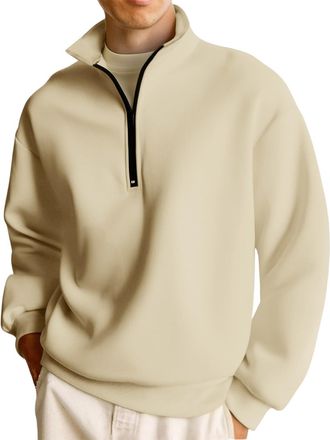 Generic Mens Half Zip Pullover Sweatshirt, Warm Fleece Lined Quarter Zip Jumper with Stand Collar, Casual Long Sleeve Top for Daily & Outdoor Wear Khaki