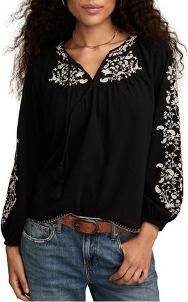 Lucky Brand Embroidered Peasant Top in Caviar at Nordstrom, Size Xx-Large