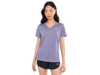 Under Armour Tech Short Sleeve V-Neck Twist Womens Clothing Purple Luxe/White : LG (US 12-14), Polyester