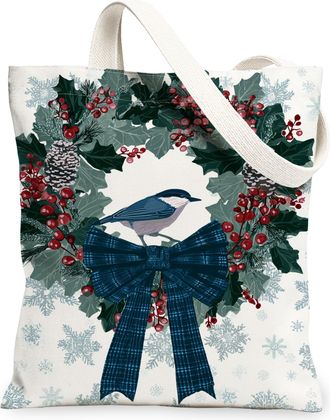 Generic Winter Floral Canvas Tote Bags, Vintage Bird Wreath Pattern Reusable Grocery Bags, Lightweight Washable Shoulder Strap Canv, White, 13x15 Inch