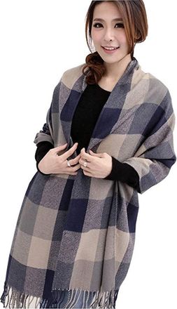Heekpek Winter Long Soft Warm Tartan Check Scarves Wraps for women Wool Spinning Tassel Shawl Long Stole (Grey)(Size: One Size)