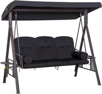 OUTSUNNY 3 Seat Garden Swing Chair Patio Steel Swing Bench w/ Cup Trays Black