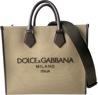 Dolce & Gabbana Beige Khaki Canvas Leather Shoulder Bag Tote Bag (Pre-Owned)