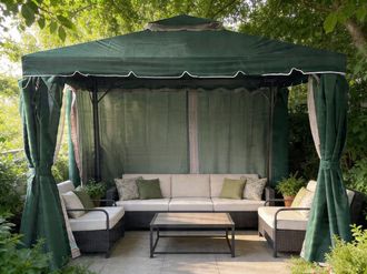 Shatchi 3m x 4m Garden Gazebo with Curtains & Mosquito Netting - Heavy-Duty Aluminium Frame in Green