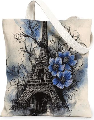 Generic Paris Tower Blue Floral Canvas Tote Bags, Stylish Flower Design Reusable Grocery Bags, Spring Lightweight Washable Canvas for Travel 13x15 Inch