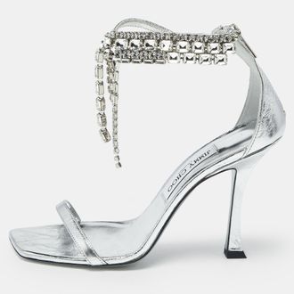 Jimmy Choo London Silver Leather Crystal Embellished Verity Sandals