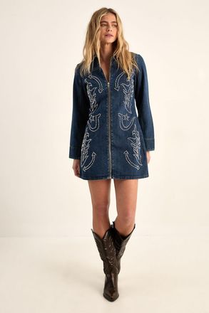 NASTY GAL Womens Western Studded Zip Front Denim Mini Dress - Blue Cotton - Size 10 UK