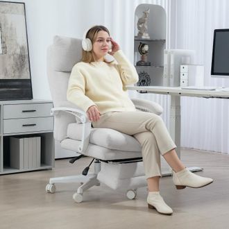 STILVORA Sedia Da Ufficio Ergonomica, Altezza E Schienale Regolabili, Con Supporto Lombare E Poggiapiedi, Tessuto Lino, Bianco Crema