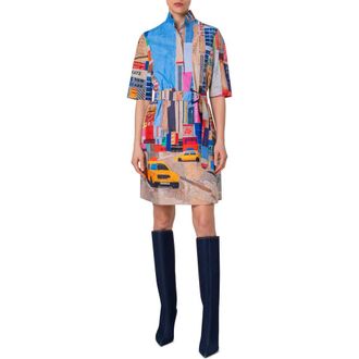 Akris NYC Paper Collage Print Belted Cotton Poplin Shirtdress in Blue Multi at Nordstrom, Size 10