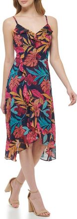 Kensie Tropical Print Ruffle Chiffon Midi Dress in Navy Multi at Nordstrom Rack, Size 10