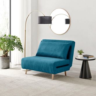 Furniturebox Bobby Compact Futon Inspired Sofa Bed Upholstered In Soft Fabric in Blue | Size: Medium