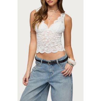 Edikted Araura Velvet Floral Sheer Crop Tank in White at Nordstrom, Size X-Small