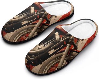 Generic Vintage Motorcycle U.S. Flag Mens House Slippers Memory Foam Washable Cotton Slip on Home Shoes