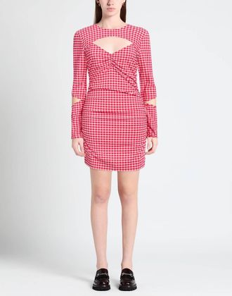 Ganni Seersucker Cut-Out Checked Mini Dress In Red/white