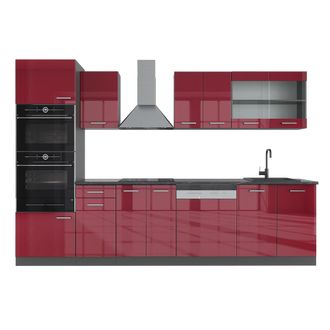 Vicco Mueble De Cocina R-line, Burdeos Brillo Intenso/antracita, 300 Cm Con Armario Alto, Et Antracita